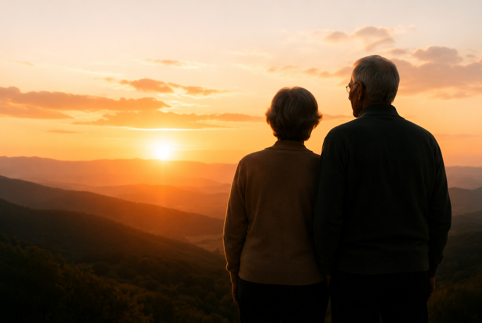 Pareja de adultos mayores viendo el atardecer
