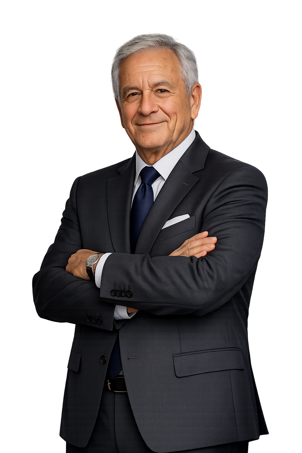 Hombre mayor sonriendo con los brazos cruzados
